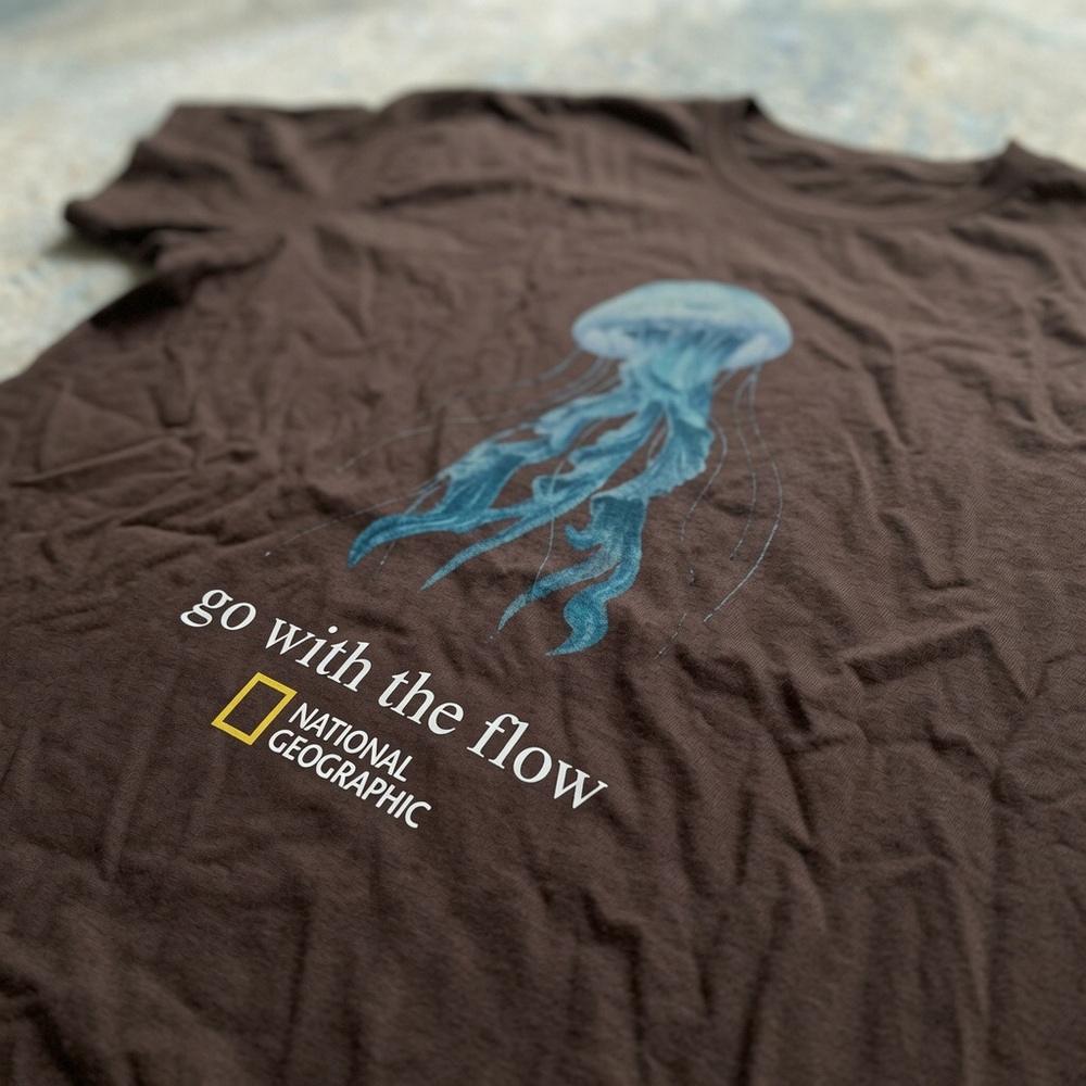 Gildan Brown Tee with Blue Jellyfish and Yellow Nat Geo Logo